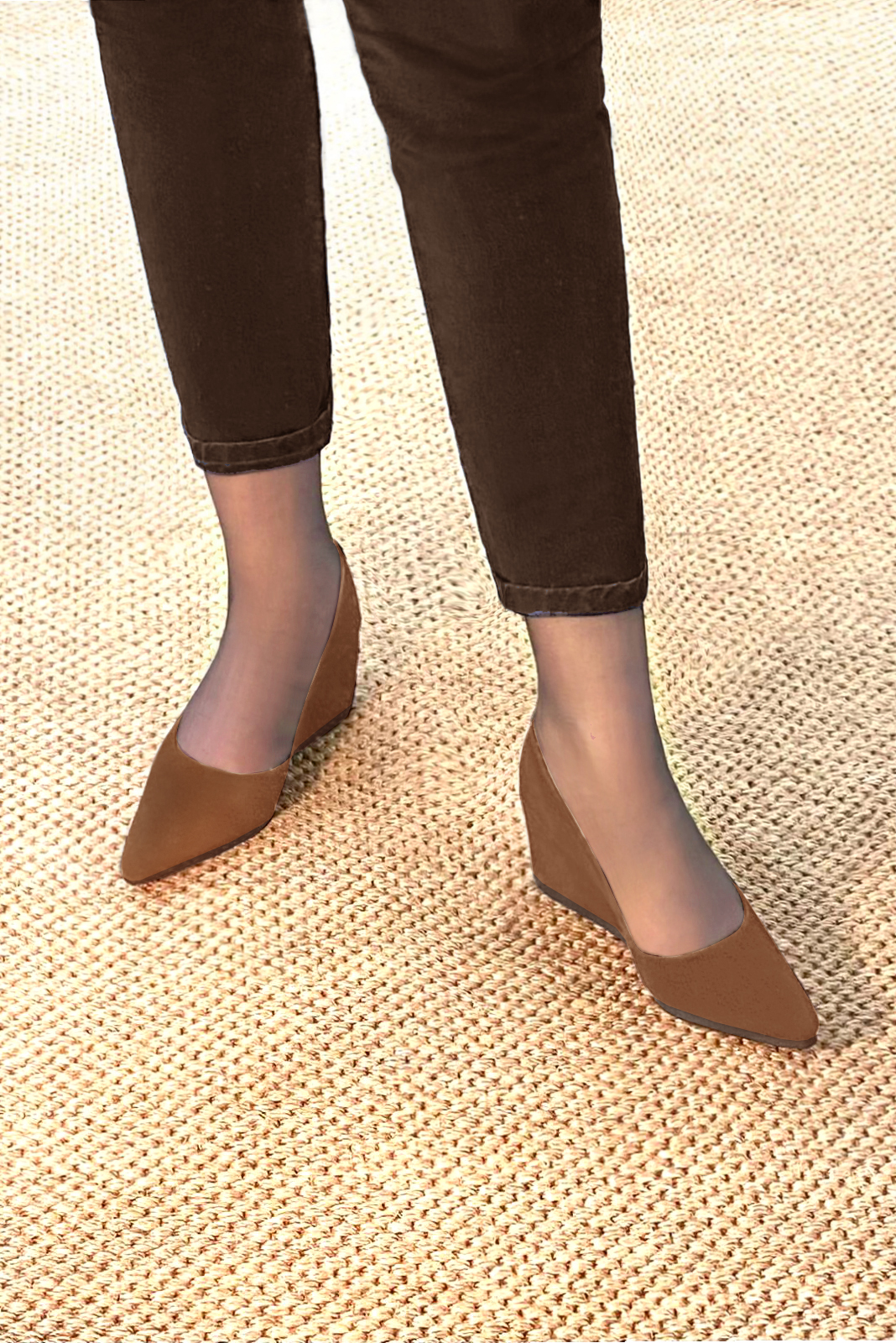 Caramel brown women's dress pumps,with a square neckline. Tapered toe. Medium wedge heels. Worn view - Florence KOOIJMAN